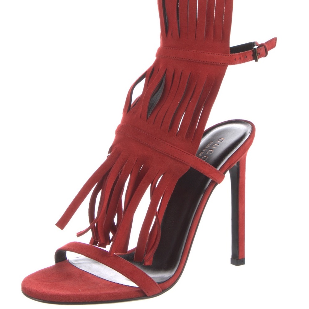 Gucci Red Suede Fringe Trim Accent Gladiator Sandals -Size 6-Very Good Condition
